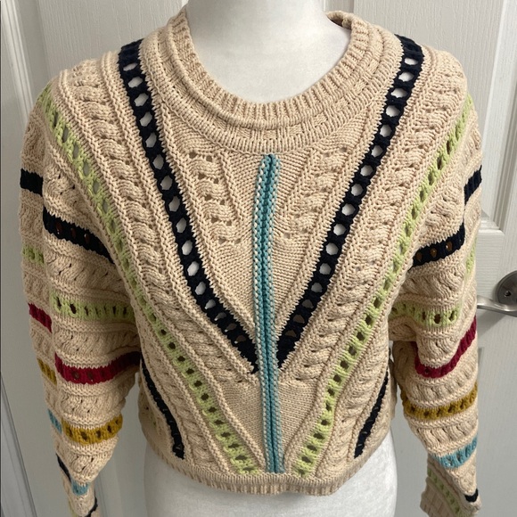 Callahan Knitwear Beige Multicolor Knit Crew Neck Sweater Cropped Long Sleeve - Picture 3 of 12